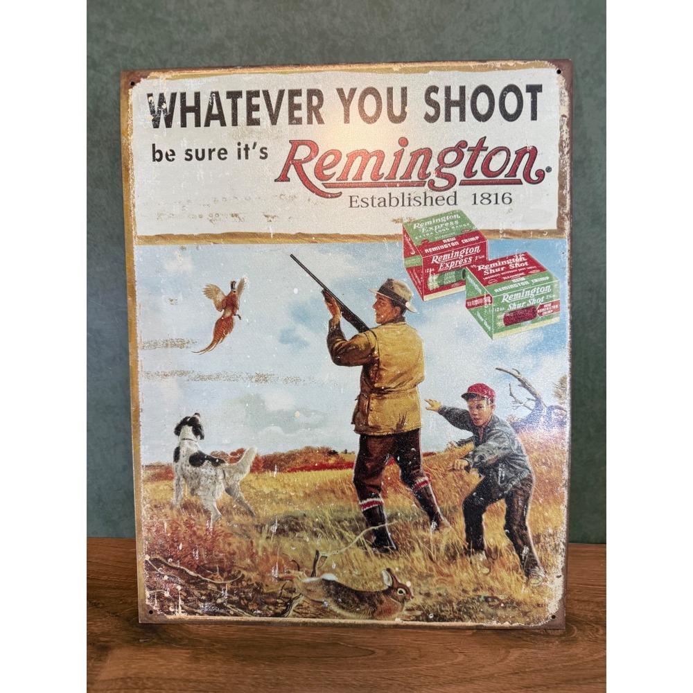Remington Vintage Style Metal Tin Sign Hunting Dog Pheasant Decor 16x12.5